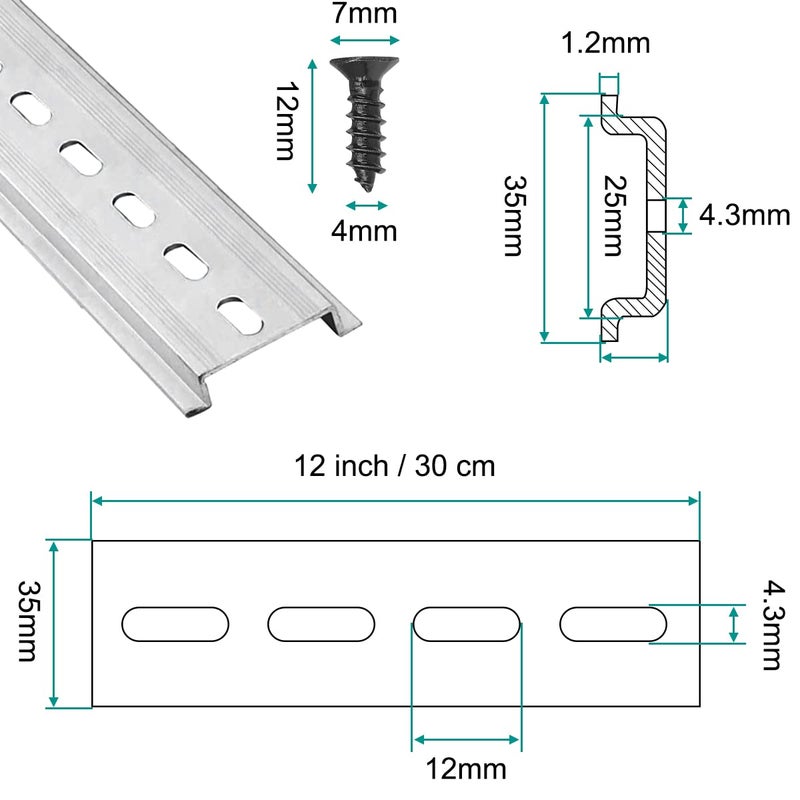 DKARDU Din Rail Slotted 35mm Aluminum, 6 PCS Clamp DIN Rails, with Mounting Screws, 12 Inches 30 CM Long, 35mm Wide, 7.5mm High for Terminal Block Relay - Image 2